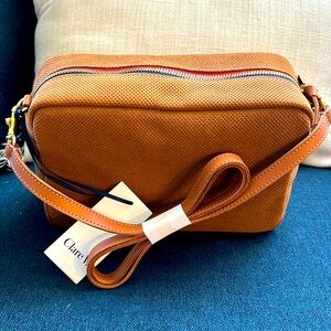 Clare V. Marisol in perforated beige/tan suede, gold trim w/strap NEW